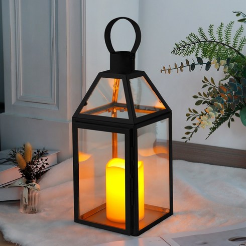 JHY DESIGN 블랙 캔들랜턴 34cm 철제 유리 촛대 빈티지 인테리어 소품 현관 거실 테이블 장식 캔들 미포함