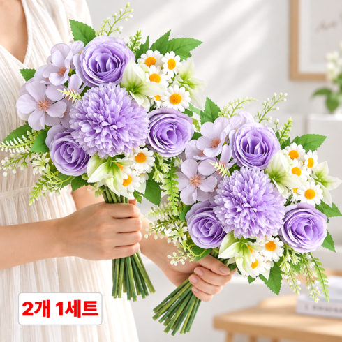 화예원 성묘 조화 꽃다발 생화같은 데이지 카네이션 산소 꽃 납골당 미니 꽃다발, 2개, 퍼플