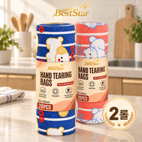 BestStar 뜯어쓰는 롤형 주방 행주 도톰한 설거지 청소용, 1세트, 고양이무늬1롤+강아지무늬1롤