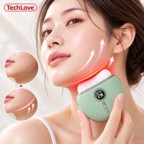 Tech Love 정품 천연옥 얼굴 괄사 갈바닉 마사지기 크림 고효율 흡수 온열 LED 얼굴 리프팅 아이돌 슬림핏 뷰티디바이스, 그린, TechLove