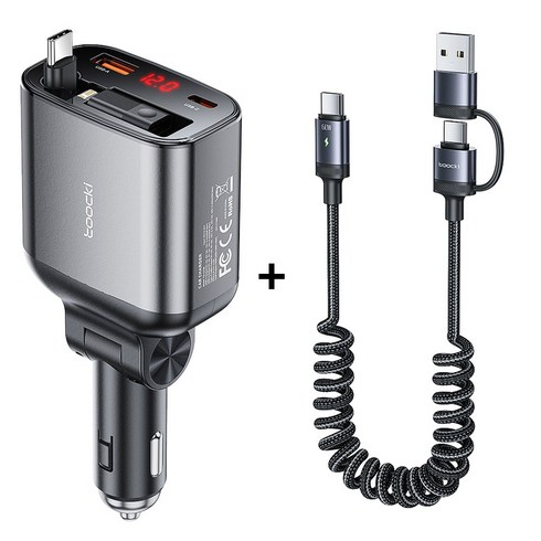 Toocki 105W 4in1 릴타입 C타입 시거잭 차량용 고속 충전기, 그레이, TQ-CC38-A