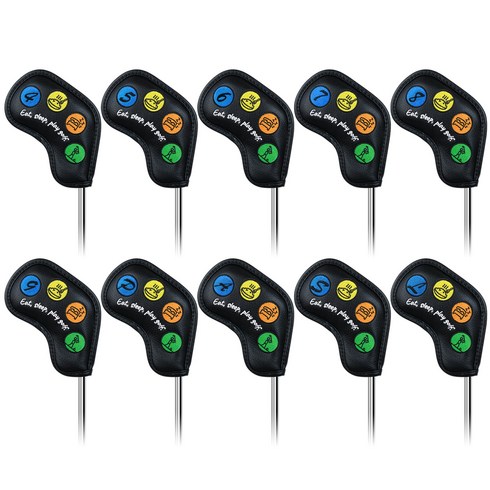 Craftsman Golf PU 가죽 컬러 자수 자석 마감 아이언 헤드 커버 10종 세트, 1세트, 블랙