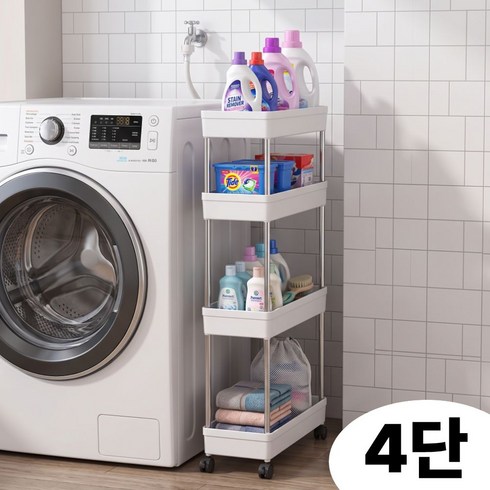 올이뉴어 세탁기 틈새수납장 좁은공간 수납장, 화이트, 4단
