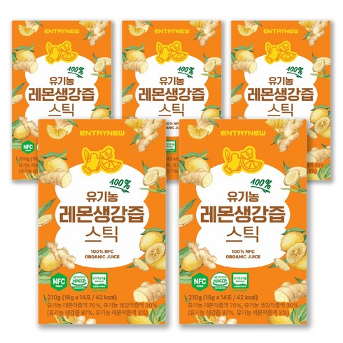 엔트리뉴 유기농 레몬생강즙 원액 100%스틱 레몬진저 NFC착즙, 5박스, 210g