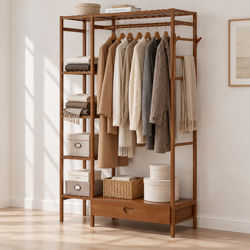 쿠리브 원목색 대나무 선반 행거 옷걸이 수납장 드레스룸 스탠드행거, 월넛 90*30*145cm