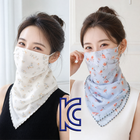 루시아 쉬폰 플라워 자외선차단 스카프 마스크, 베이지+블루, 1개, 1개입