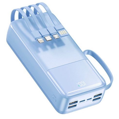 아우스힐 LCD잔량표시 QC 3.0 PD 22.5W 초고속충전 4개 케이블 멀티단자 대용량 보조배터리 30000mAh, 블루