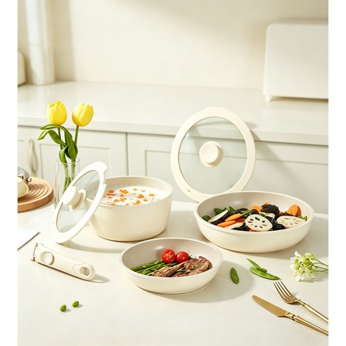 냄비 도구 식품 등급 코팅 냄비 세트 주방용 냄비 탈부착 손잡이 5피스, 화이트, 프라이팬26cm+프라이팬20cm+탕솥18cm, 1세트