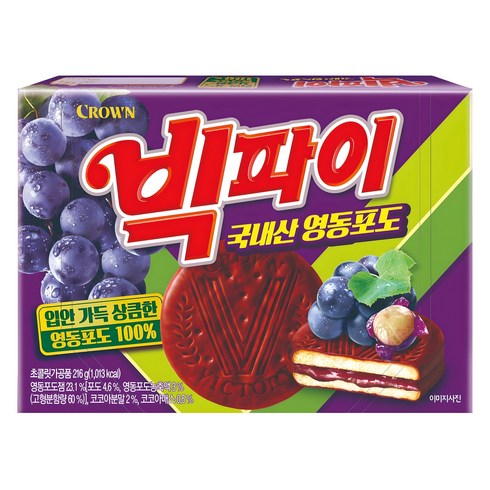 크라운 빅파이 영동포도 과자파이 중, 216g, 1개