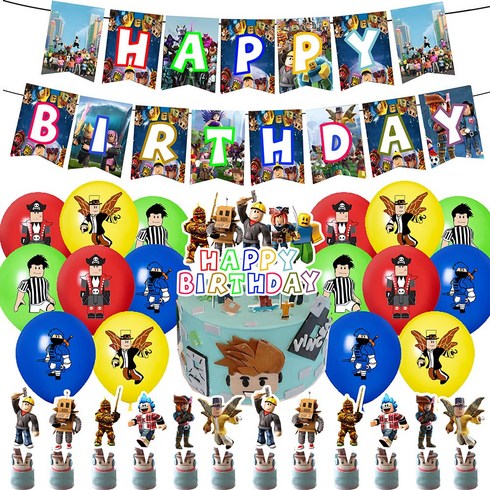 로블록스 생일 파티 장식 배너 풍선 케이크토퍼 키즈 생일 꾸미기 용품, 1개, 생일파티