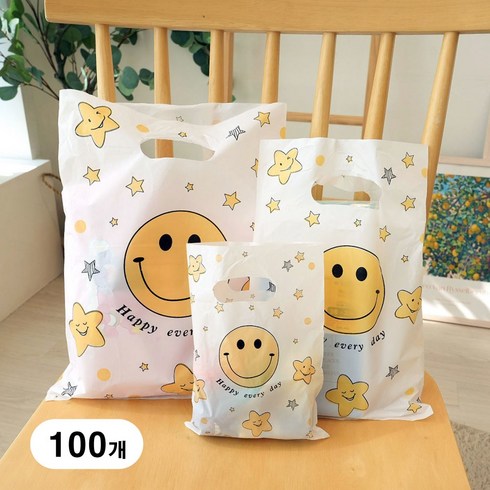 스마일 손잡이 비닐 쇼핑백 비닐 봉투, 100개