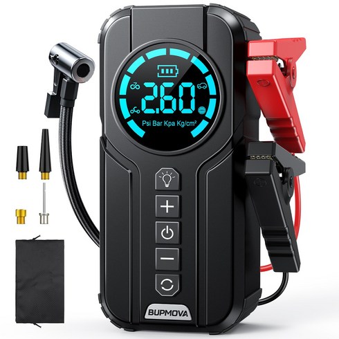 BUPMOVA 3000A 점프스타터 올인원 타이어 공기압 주입기 보조배터리 12V 자동차 밧데리 충전기, 12400mAh, 1개