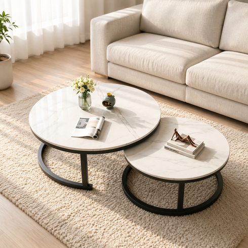 New World 대리석 거실 테이블 70+50CM 원형 티 테이블 세라믹 소파테이블 스크래치 방지 내열성 탁월YB, 대리석 화이트+블랙