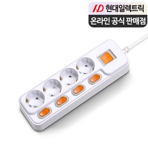 현대일렉트릭 국산 개별스위치 절전 멀티탭 4구 과부하차단 16A, 화이트, 1개, 3m