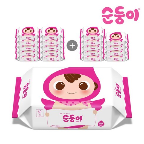 순둥이 베이직 유아물티슈 리필형, 55g, 80매, 20개