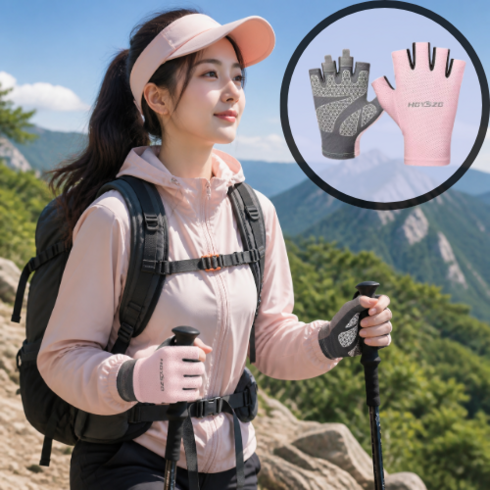 쿠할 여성용 등산 반장갑 통기성 골프 헬스 스포츠 햇빛 차단 아웃도어 자전거, 1세트, 핑크
