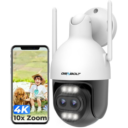 Genbolt 실외용 4K 듀얼 렌즈 PTZ CCTV 카메라 10배 하이브리드 줌 사람 차량 감시 자동추적 IP66 방수 와이파이, 1개, GB-202HKXV