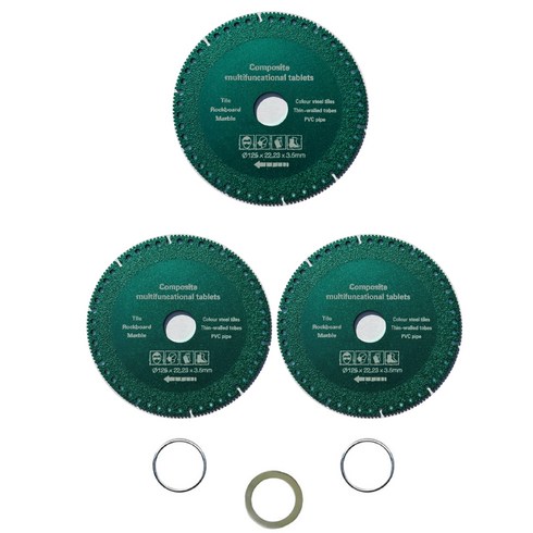플로메리아 만능 그라인더날 5인치 3개입 세트 외경125mm 내경 22.23mm 타일날 멀티 융착 절단석 철근 다용도 타일 석재 목재 철 연마석 pvc파이프 링아답터포함, 1세트, 1