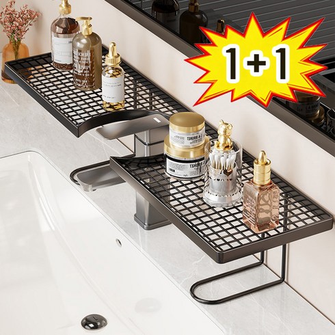 ZPEIZ 1+1 무타공 수직형 수전 선반 가정용 욕실 무타공 세면대 정리대 세면대 물빠짐 거치대 선반, 블랙, 2개