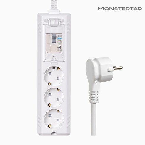 몬스터탭 국산 4000W 고용량 고전력 에어컨 건조기 세탁기 멀티탭 슬림 납작 플러그, 1개, 배선차단 3구 화이트, 1.5m