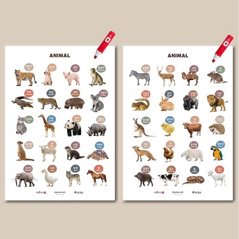 뚜뚜아트 방수 세이펜 아기 교육포스터 유아병풍 한글 영어 벽보, 1번 구성[01.동물(1)+02.동물(2)]