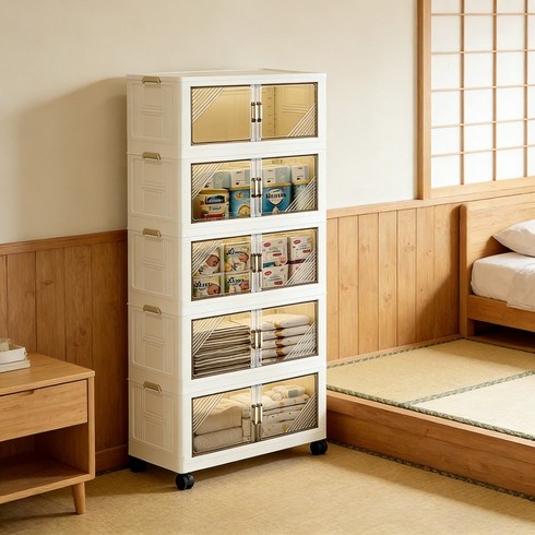 대형 플라스틱 접이식 수납장 옷장 다용도 이동식 폴딩 수납장 옷 수납장! 50cm/60cm 폭 5단 수납장 투명 컬러. 오프라인 매장 납품용이라 더 두껍고 퀄리티가 좋아요., 흰색