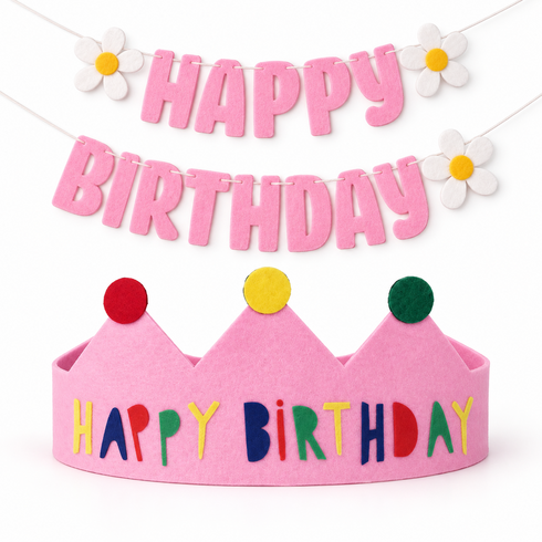 마요네스 생일 축하 가랜드 펠트 왕관 세트, 1세트, 핑크 왕관+핑크 가랜드