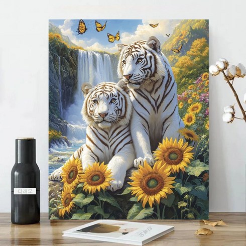 보석십자수 캔버스형 원형비즈십자수 DIY키트 40x50cm 3D 대형 선물용 재물 객실 풍수 인테리어, 1세트, 05 백호 해바라기 폭포