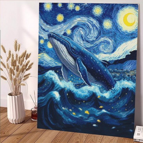 wonderful live 보석십자수 대형 DIY 키트 캔버스형 액자 풍경 인물 해바라기 꽃식물 부엉이 40 x 50 cm, 1개, 별빛 바다