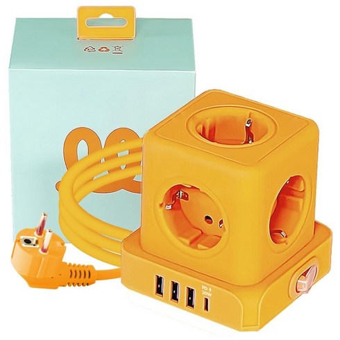 데코아르 멜로우 비비드 5구 큐브 멀티탭 4000W (USB-A x 3 USB-C), 1개, 멀티탭 오렌지, 1.8m