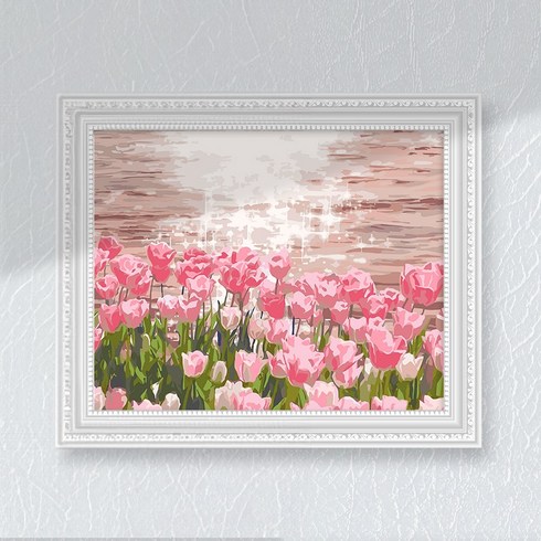 핑크튤립강가 꽃그림 풍경화 물결 윤슬 물멍 반짝이는 햇살 DIY 그림그리기 명화 인테리어액자 유화세트