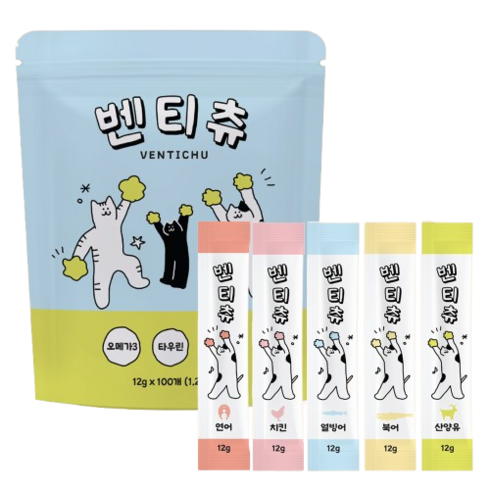 벤티츄 짜먹는 츄르 고양이간식 100스틱 대용량, 100개, 12g, 북어+산양유+열빙어+연어+치킨