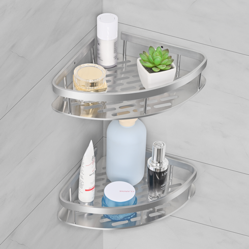 욕실선반 무타공 욕실 코너 선반 접착식 다용도 화장실선반, 은색, 2개