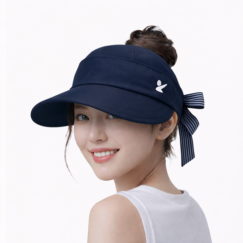 지아이골프 UV 차단 가벼운 나일론 리본 패션 2WAY 탈부착 여름 골프 모자 여성, 네이비, 1개