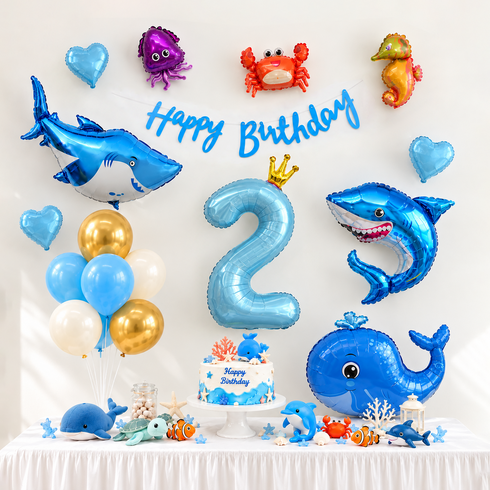 해피제이니 상어 고래 바다동물 풍선 생일파티세트, 1세트, 숫자풍선2