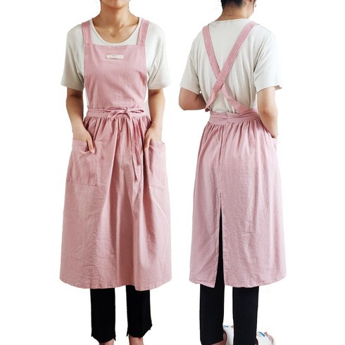 내추럴 워싱 주름 원피스 앞치마/ 면 린넨 홈카페 플라워샵 바리스타, 1개, 핑크