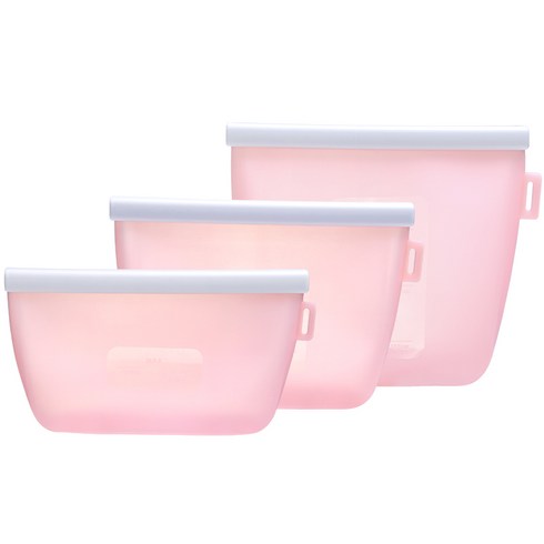 에이치 스토리 실리콘 보관팩 친환경 밀폐 다회용 실리콘봉투 실리콘지퍼백 500ml+1000ml+1500ml 3종 세트, 핑크색, 1세트