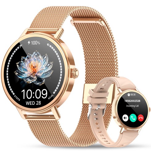 Baolubao X30-G 원형 스마트워치 1.26인치 HD 화면 밀라네즈 메탈 스트랩 음성 통화 여성 건강 생리주기 건강관리 100가지 이상 운동 모드 방수, 블루투스, 4.1cm, 골드색