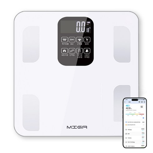 MIGA 스마트 가정용 블루투스 LCD 강화유리 인바디 체지방 체중계, 1개, 화이트, FL5049
