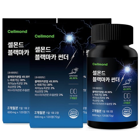 셀몬드 블랙마카 썬더 아르기닌 아연 흑삼 흑마늘 야관문 비수리, 3개, 120정
