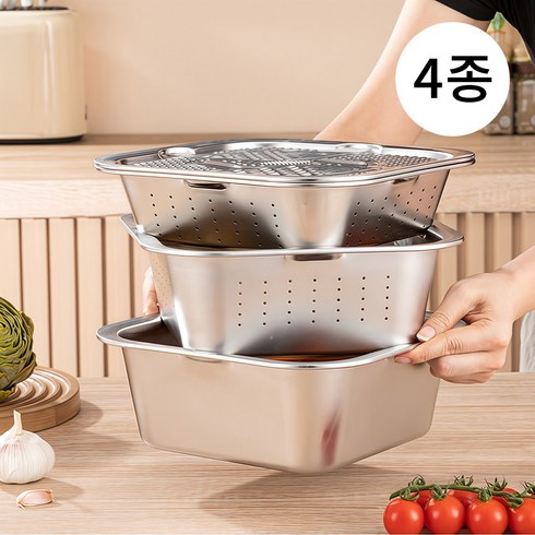 스텐 다용도 사각볼 4종세트 304 스테인리스 채칼 세척볼 채반, 1세트