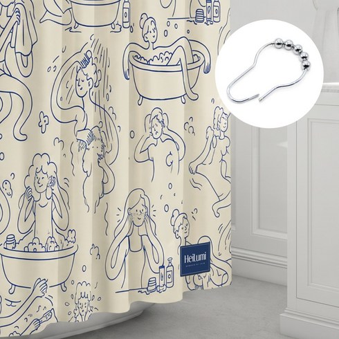 프리미엄 패브릭 방수 샤워 커튼 + 스텐 커튼 링 12p, 1개, 네이비 드로잉