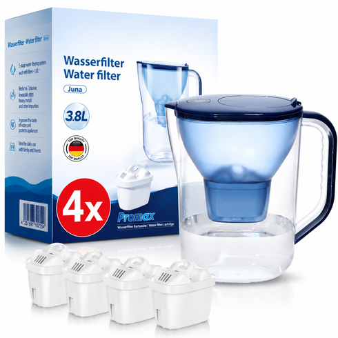 WATUS 물 필터 주전자 3.8L (독일산 필터 카트리지 4개 포함) -브리타 정수 필터에 적합 BRITA Maxtra+ Plus Maxtra Pro 정수 필터와 호환 가능, Watus_Juna3.8L_4x