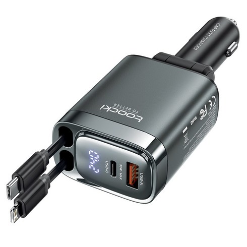 Toocki 105W 4in1 릴타입 C타입 시거잭 차량용 고속 충전기, 그레이, TQ-CC42L