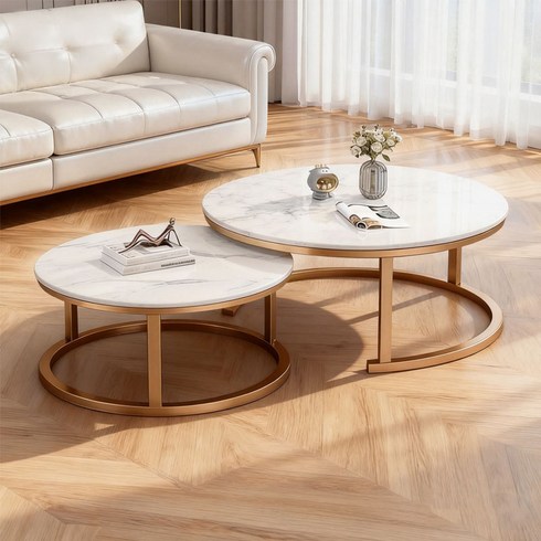 New World 대리석 거실 테이블 70+50CM 원형 티 테이블 세라믹 소파테이블 스크래치 방지 내열성 탁월YB, 대리석 화이트+골드