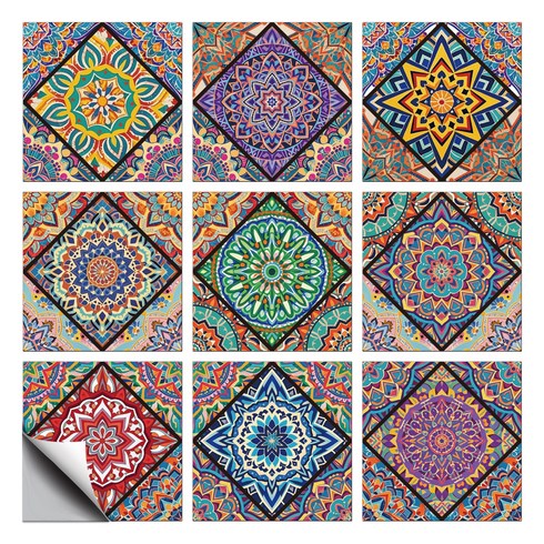 PVC 타일 시트지 세트 다양한 패턴 방수 주방 욕실 리폼 10x10cm 9가지 다른 디자인 1세트 총 36개, 만다라