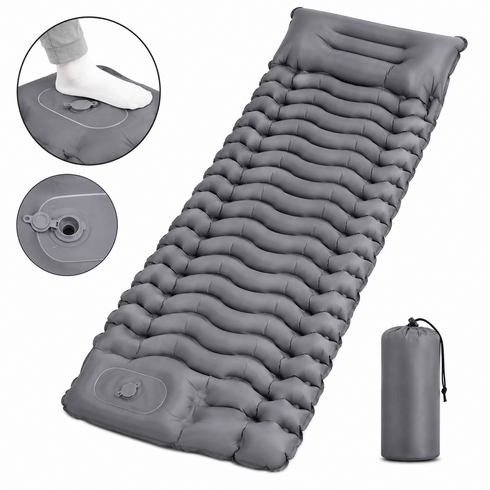 HOMEFISH 10CM 1인용 캠핑 에어매트 발펌프 내장 휴대용 매트 + 수납가방, Gray