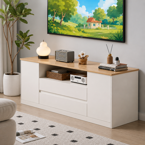 호메오라 모던 거실장 수납장 서랍도어 TV 거실장 TV테이블, 우드화이트