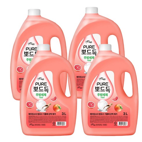 피죤퓨어 뽀드득 주방세제 자몽향, 4개, 3L