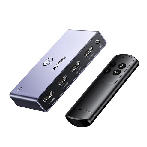 UGREEN 유그린 3:1 HDMI 2.1 선택기 8K UHD 셀렉터 240Hz 고주사율 3포트 입력 3D효과 PS5/4/3 Xbox 스위치 호환 알루미늄 케이스 리모컨 포함, Grey, 1개, CM624